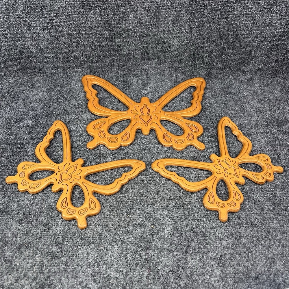 3 Vtg Wooden Butterflies Wall Hanging Home Decor MCM Boho Carved Design 9" & 12"